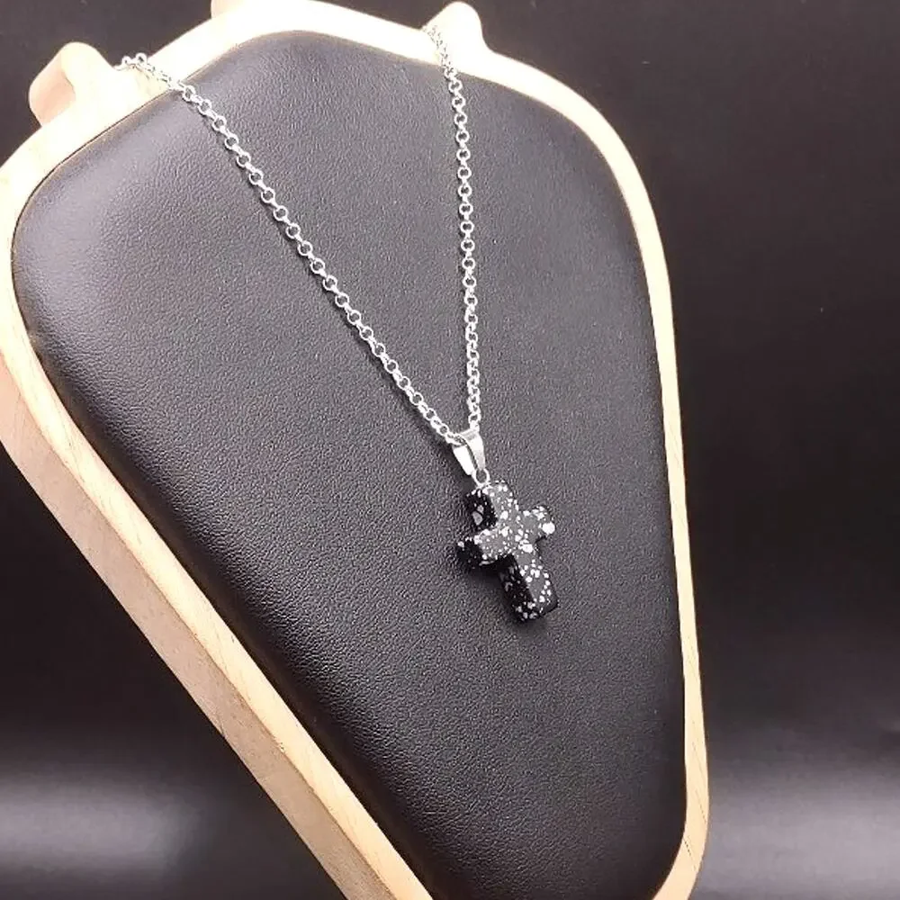 925 Silver Necklace With Black Granite Cross Valentine Anniversary Birthday Gift